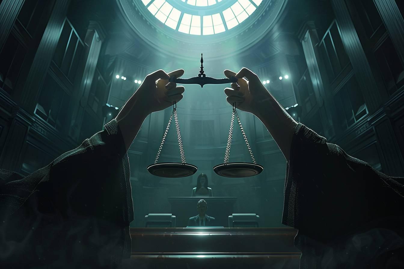 Mains tenantles balances de la justice dans un tribunal sombre