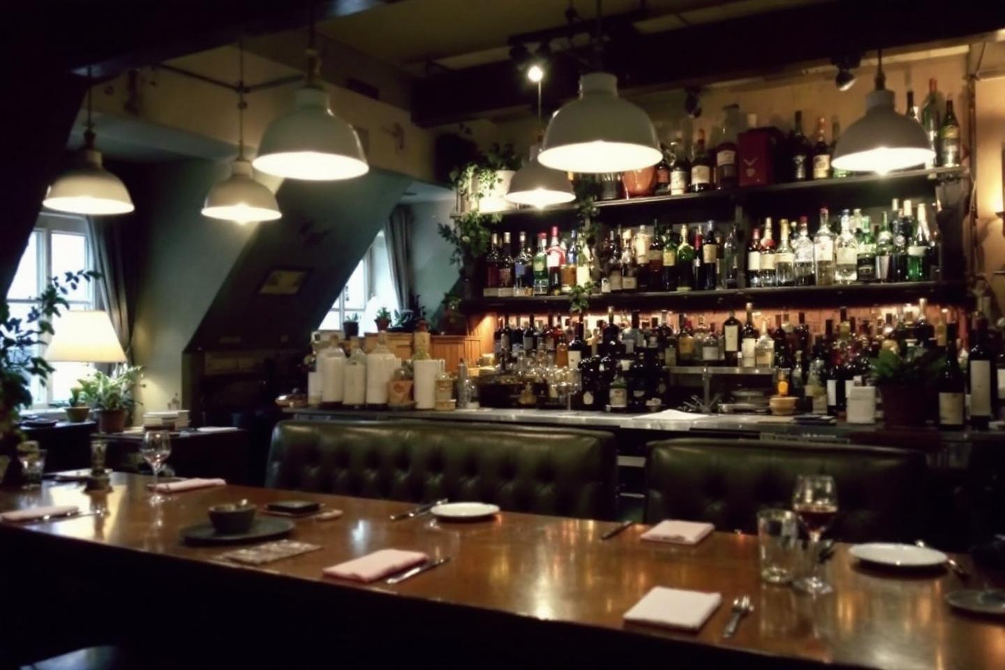 Comptoir de bar en bois avec &eacute;tag&egrave;res de bouteilles