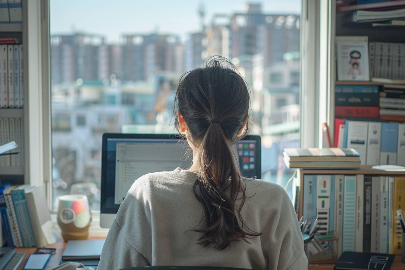 Une femme assise &agrave; son bureau, travaillant sur un ordinateur.