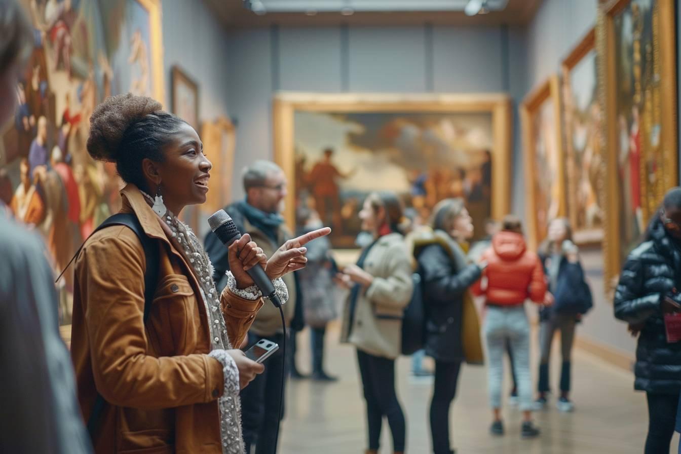 Une femme de couleur parle dans un microphone devant un groupe de visiteurs dans un mus&eacute;e.