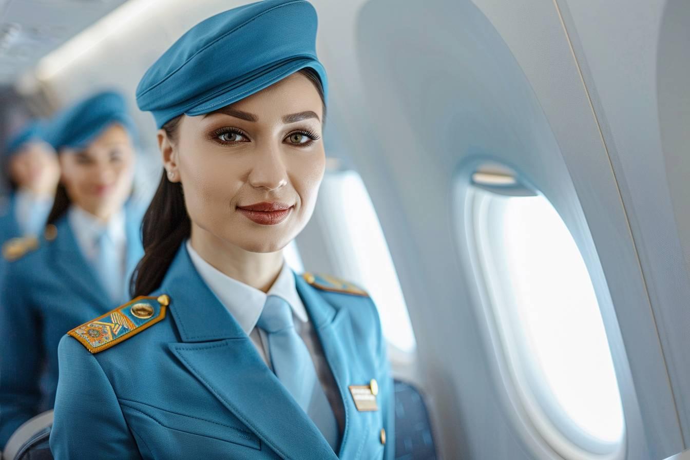 Gros plan sur une h&ocirc;tesse de l'air souriante dans l'avion