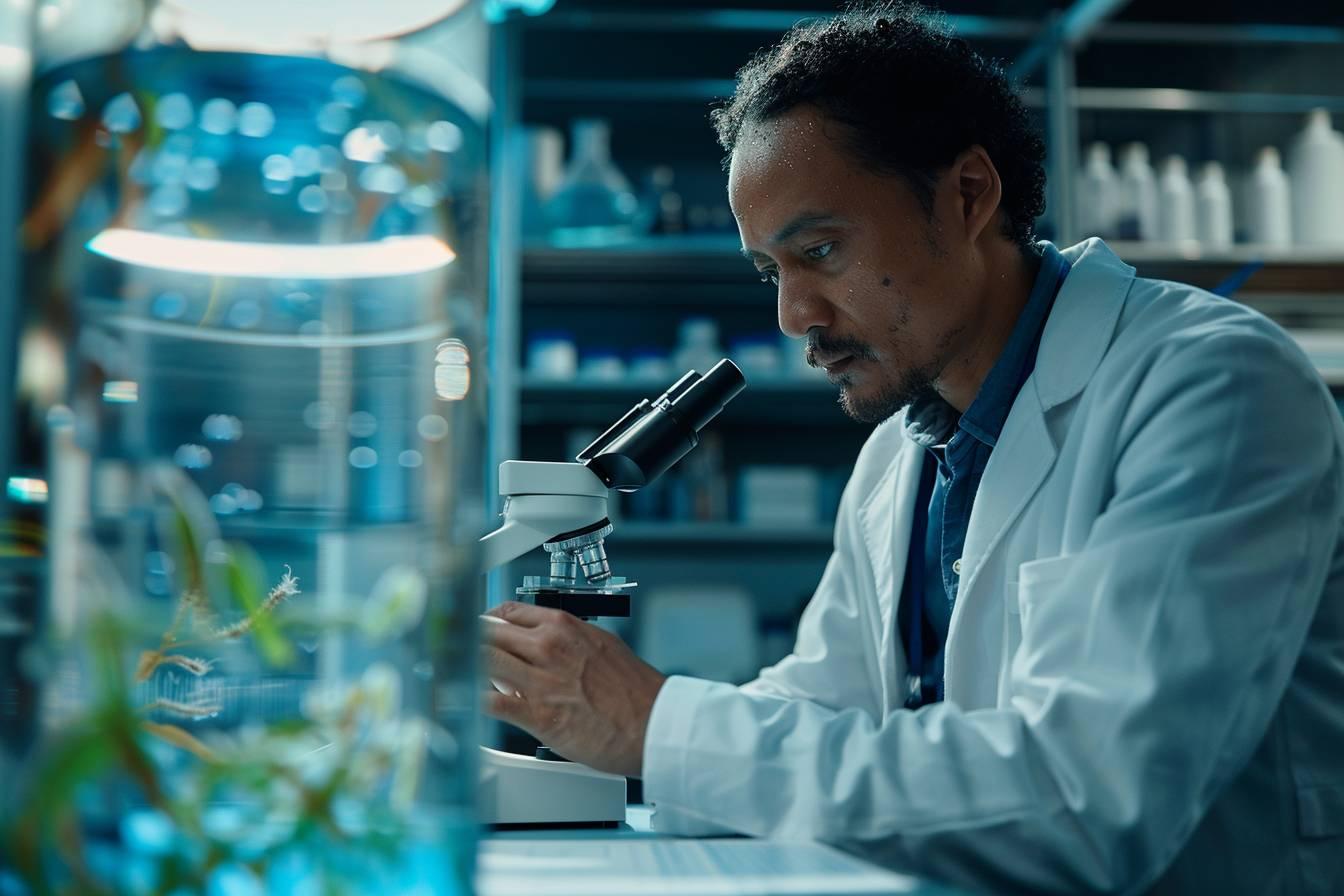 Un homme en blouse blanche examinant attentivement un &eacute;chantillon au microscope.