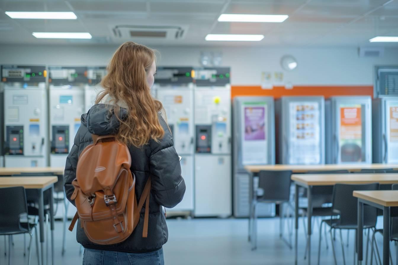Personne avec un sac à dos en train de marcher dans un couloir scolaire