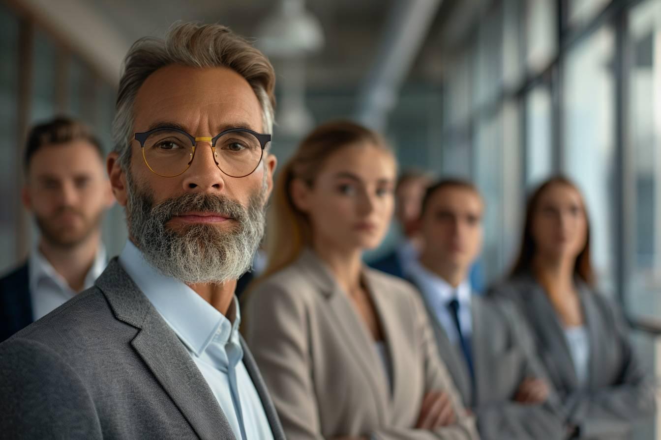 Gros plan sur un homme d'affaires barbu dans un groupe de personnes.