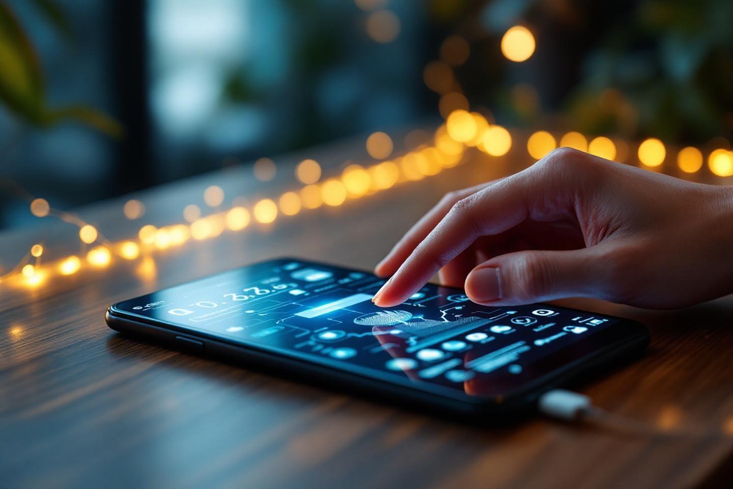 Doigt touchant un &eacute;cran de t&eacute;l&eacute;phone avec des lumi&egrave;res floues