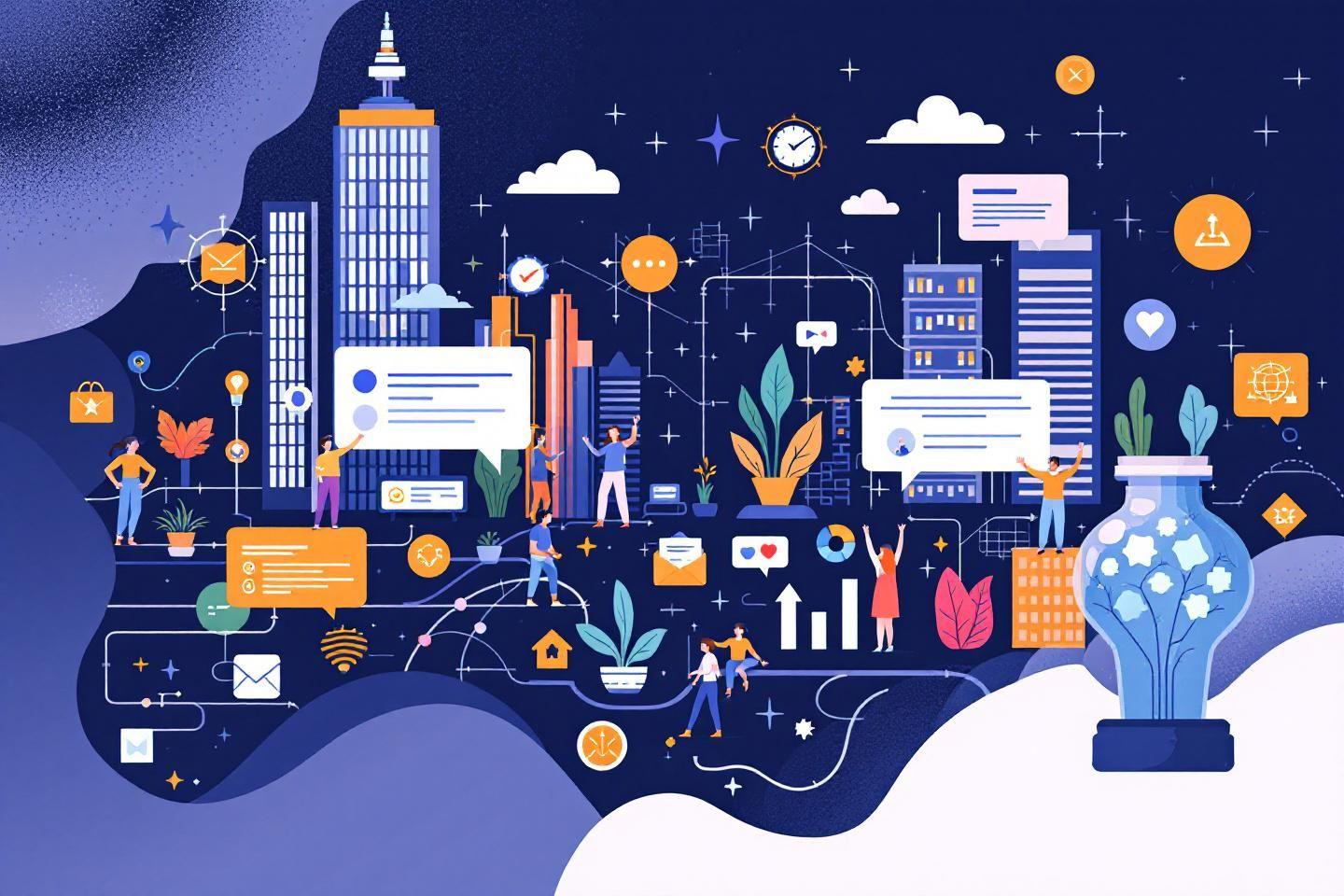 Paysage urbain avec personnages interconnect&eacute;s par des r&eacute;seaux technologiques