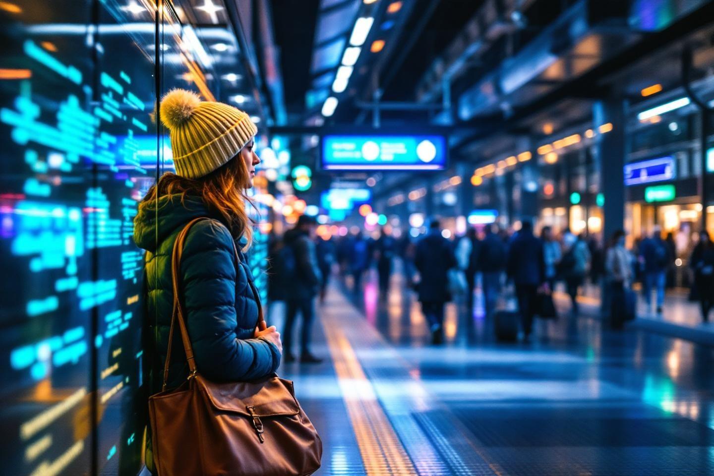 Femme &agrave; bonnet jaune, vue de dos, dans une gare moderne illumin&eacute;e