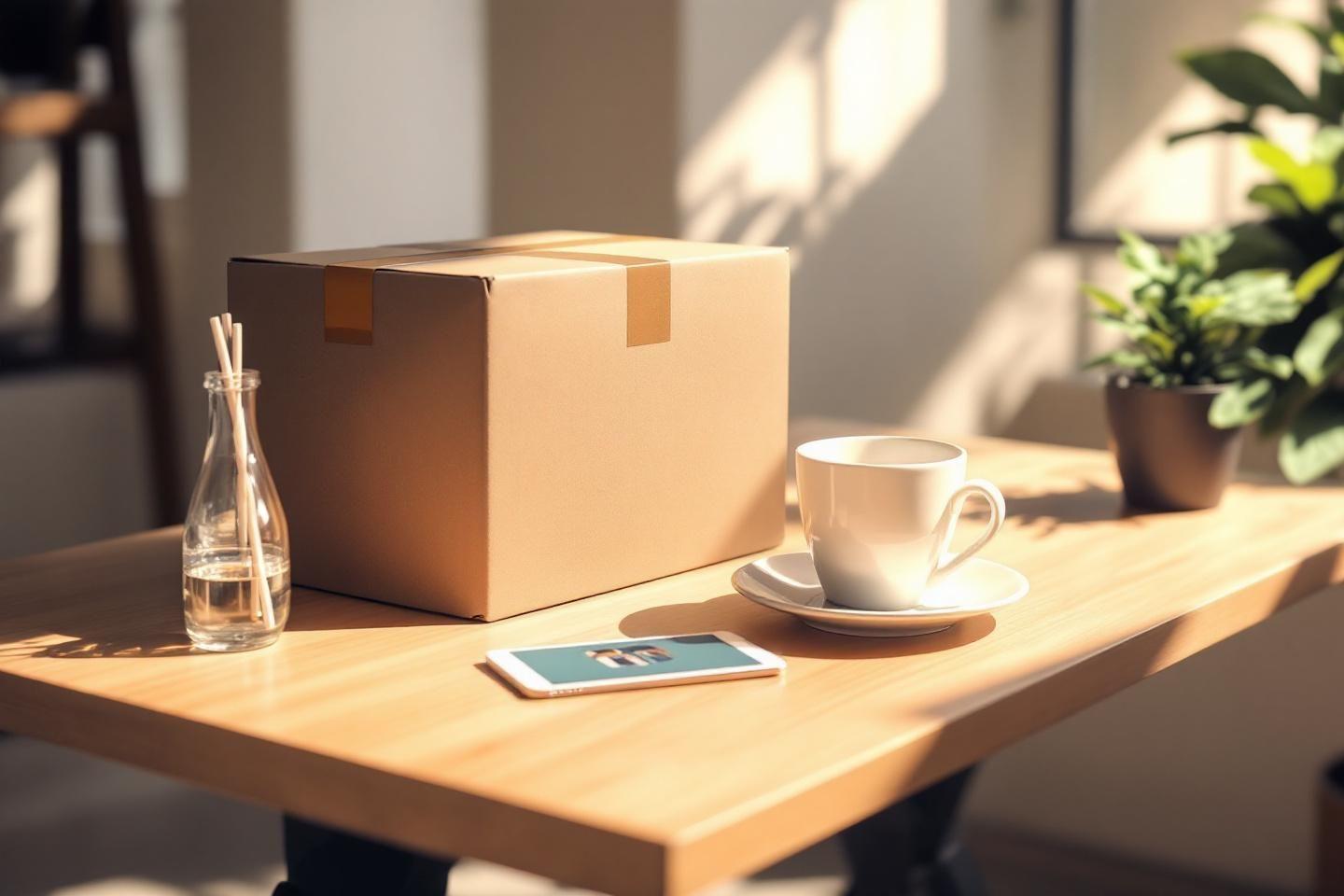 Table en bois avec bo&icirc;te, tasse, smartphone et bouteille d'eau