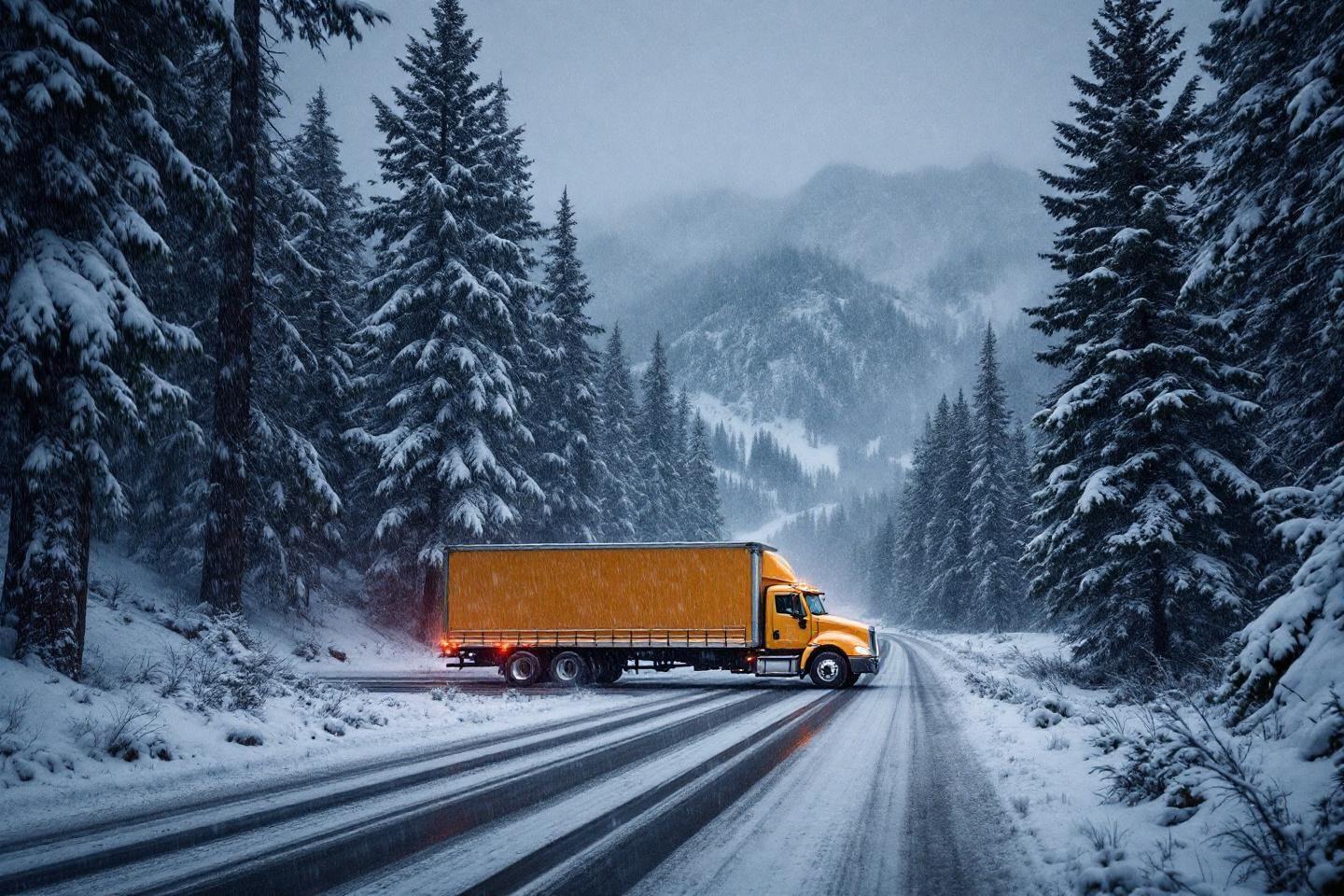 Camion orange sur route sinueuse traversant une for&ecirc;t montagneuse enneig&eacute;e