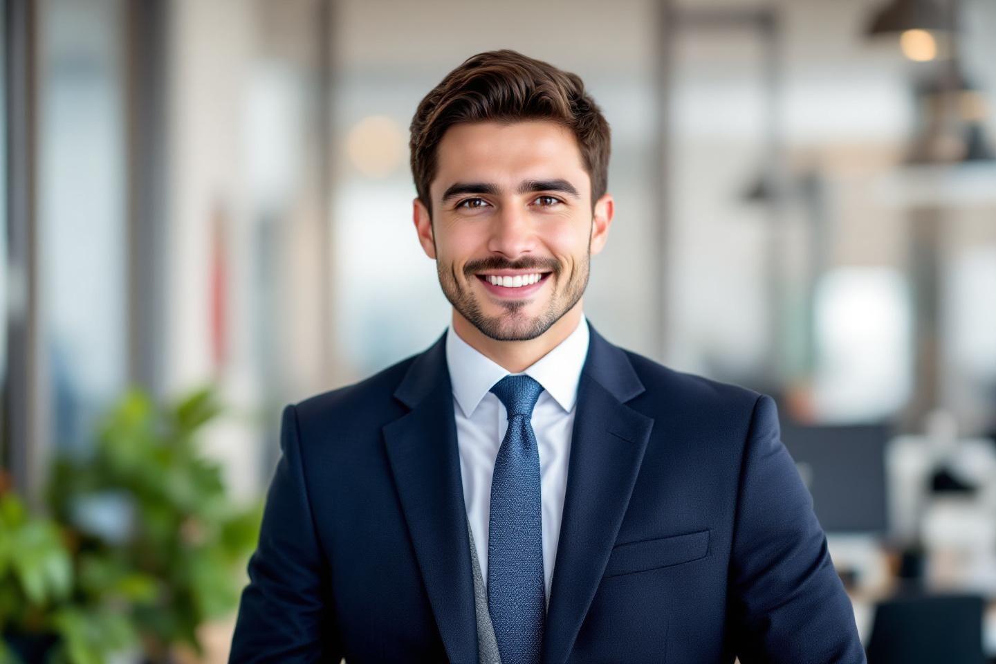 Jeune professionnel souriant dans un costume bleu marine