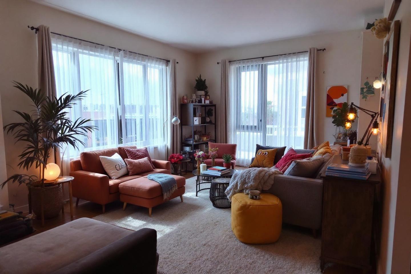 Intérieur lumineux avec canapés, plantes et décorations colorées