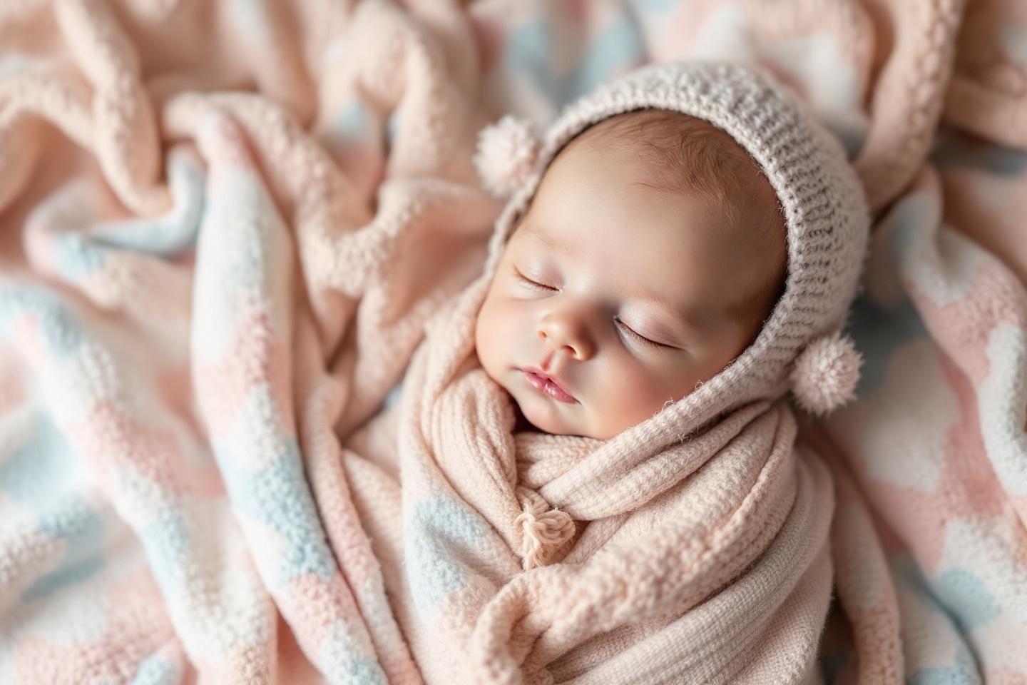Nouveau-né paisible enveloppé dans une couverture tricotée beige