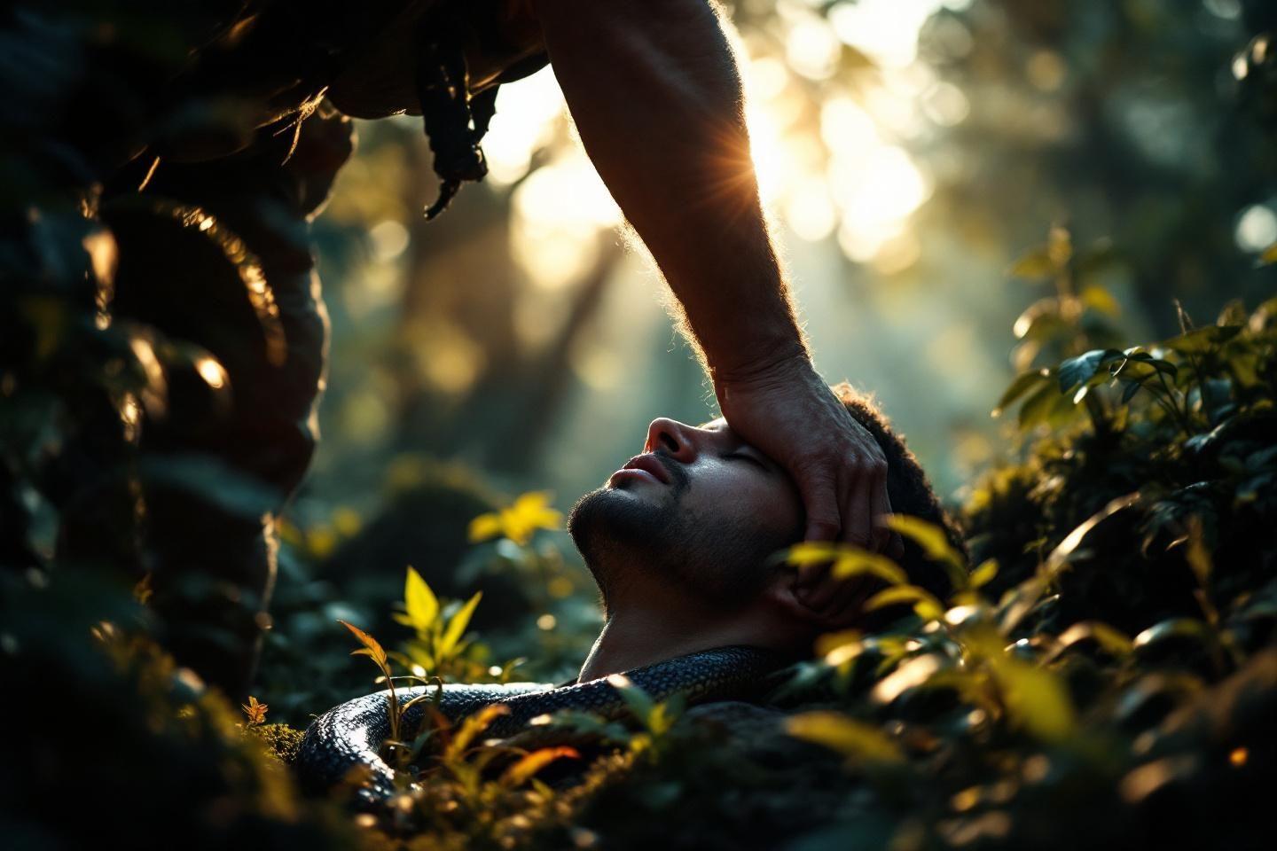 Main touchant un visage allong&eacute; parmi les feuilles