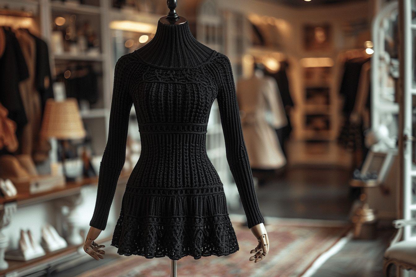 Robe tricot&eacute;e noire avec des d&eacute;tails d&eacute;coratifs sur un mannequin