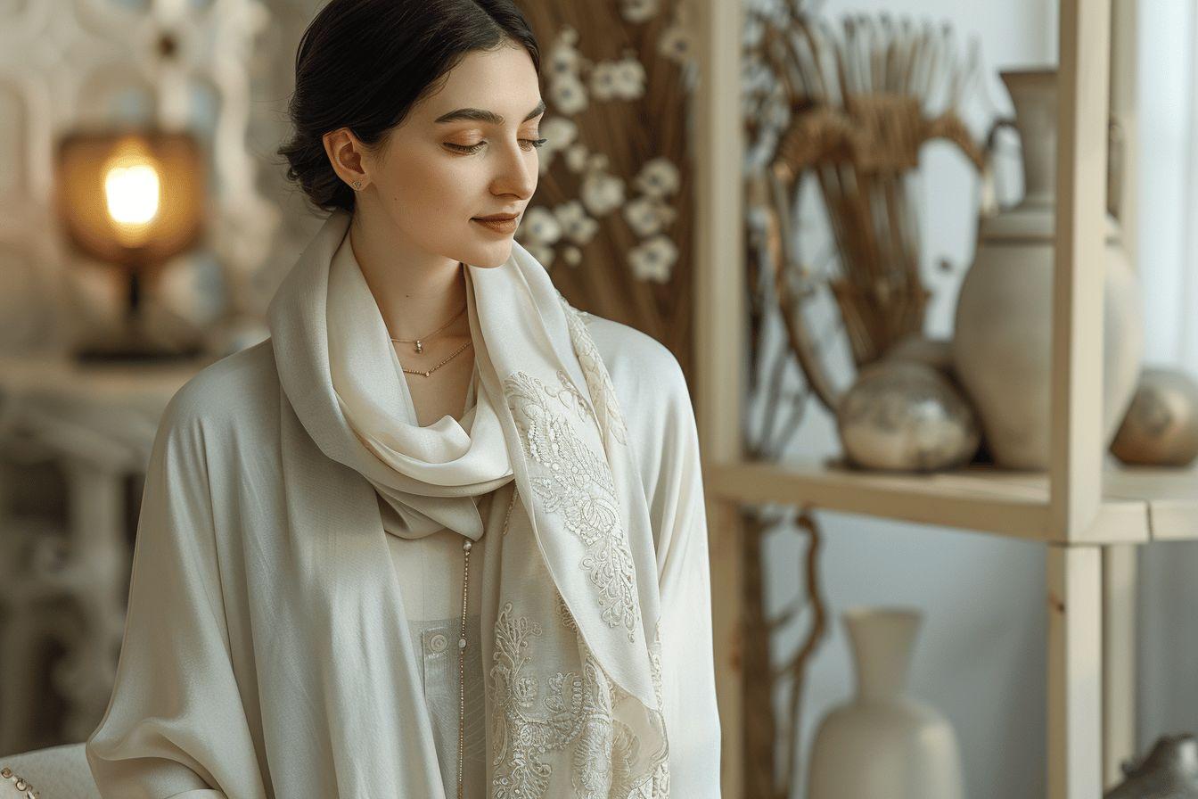 Une femme avec un foulard blanc, pensive dans un int&eacute;rieur chaleureux