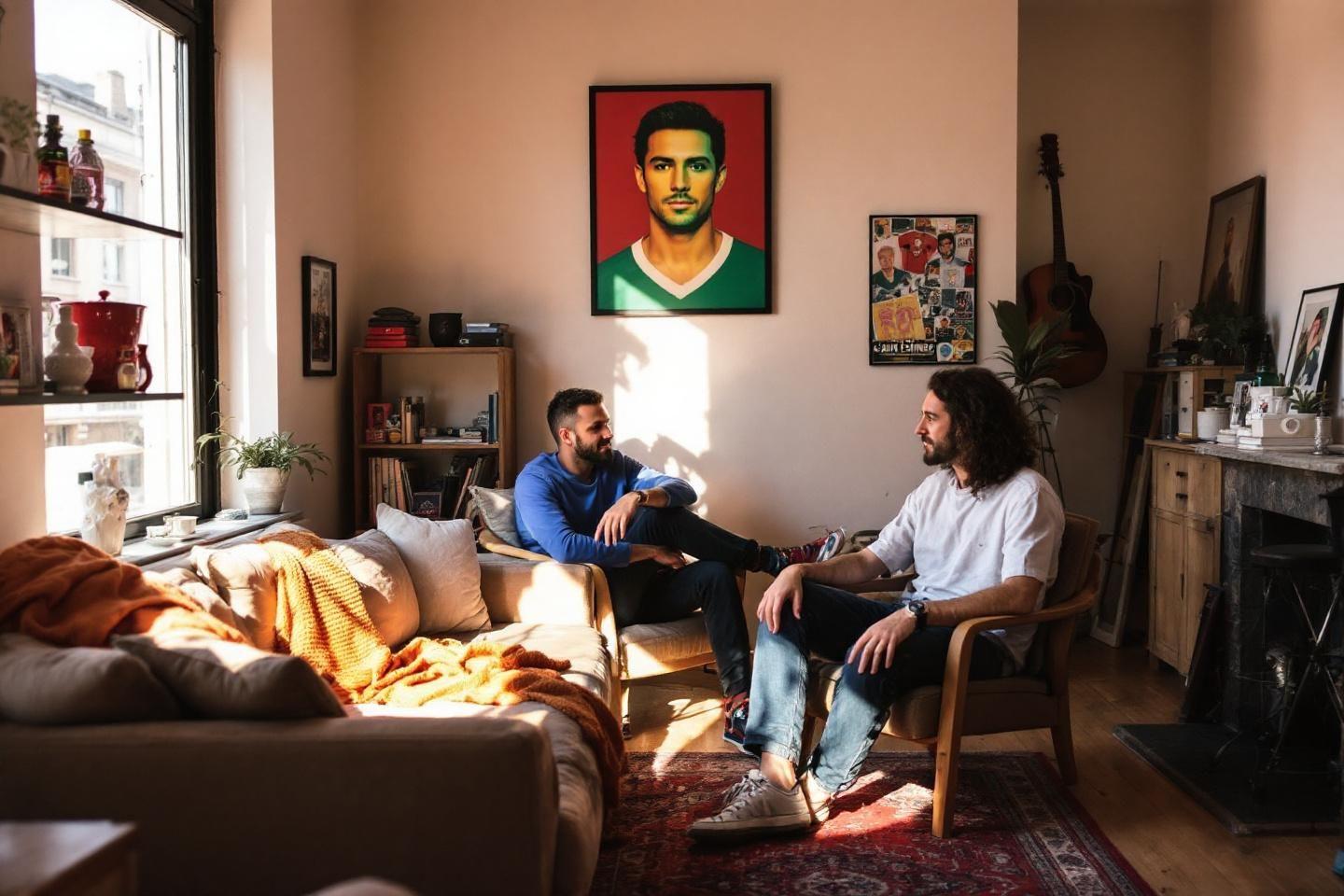 Deux hommes discutant dans un int&eacute;rieur chaleureux et lumineux