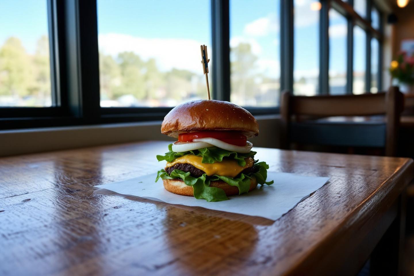 Burger avec fromage et salade sur table en bois