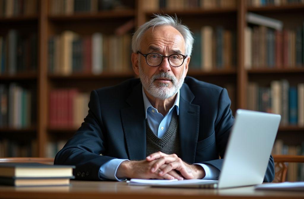 Homme &acirc;g&eacute; avec des lunettes assis devant un ordinateur portable