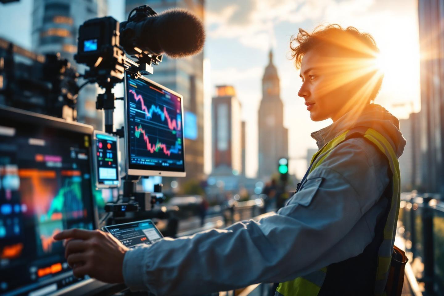 Op&eacute;rateur boursier surveillant des graphiques avec &eacute;quipement vid&eacute;o