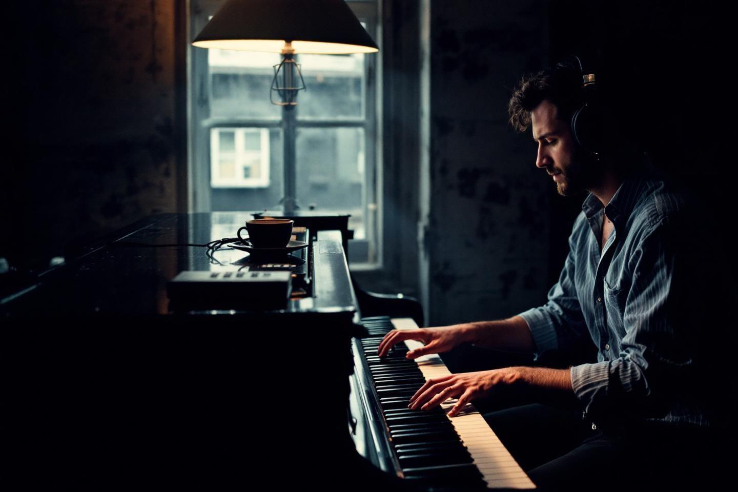 Homme jouant du piano dans un intérieur sombre et intimiste