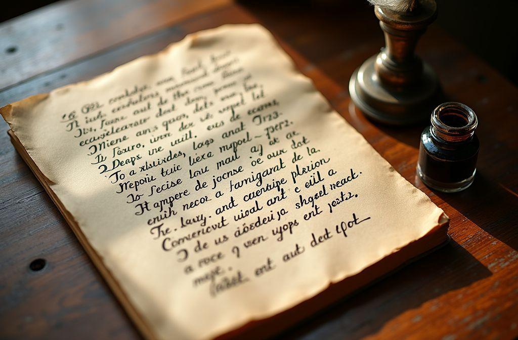 Page vieillie avec &eacute;criture &eacute;l&eacute;gante et encre &agrave; c&ocirc;t&eacute;