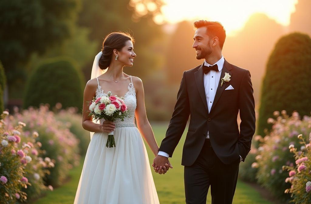 Jeunes mari&eacute;s amoureux se tenant la main dans un jardin fleuri