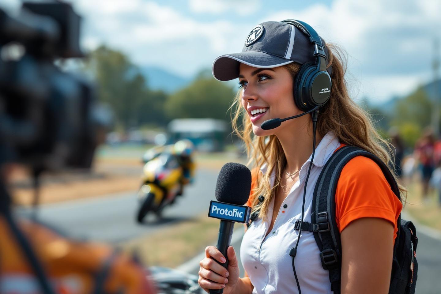 Femme souriante avec micro, casque et cam&eacute;ra sur circuit