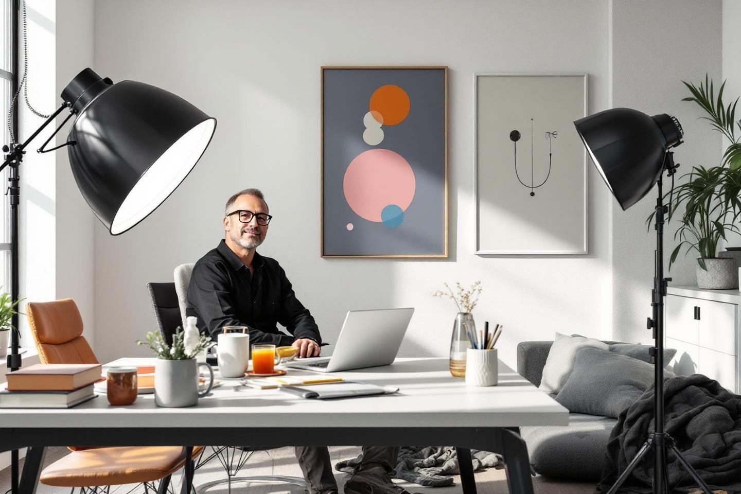 Bureau design avec ordinateur, lampes et affiches g&eacute;om&eacute;triques