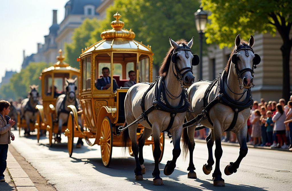 Carrosses dorés tirés par des chevaux blancs dans une ville