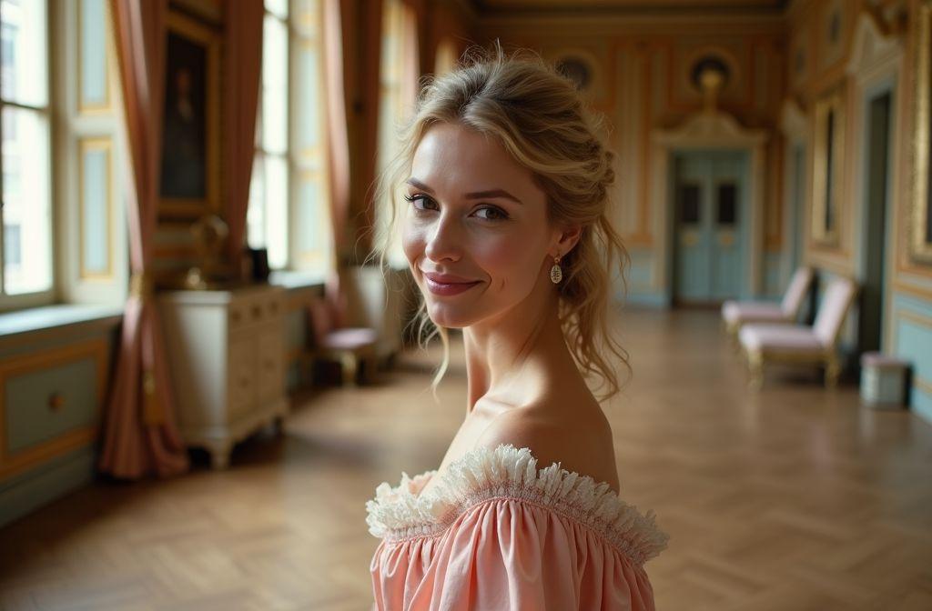 Femme en robe rose dans un intérieur baroque