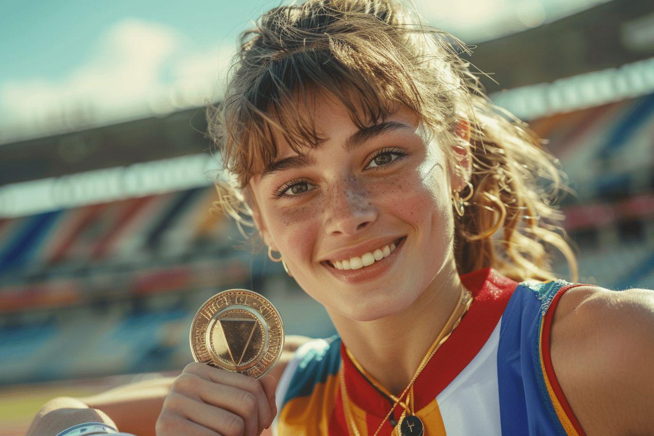 Sportive rayonnante tenant une m&eacute;daille dans un stade ensoleill&eacute;
