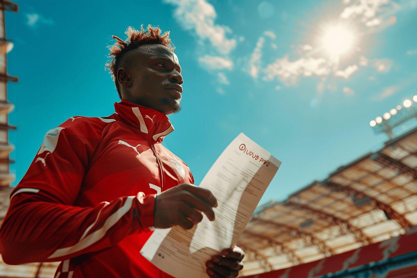 Un athlète africain en maillot de sport rouge tenant un document