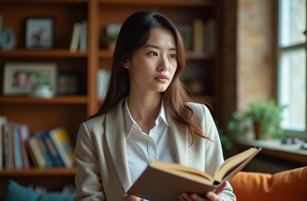Jeune femme lisant un livre dans une biblioth&egrave;que lumineuse