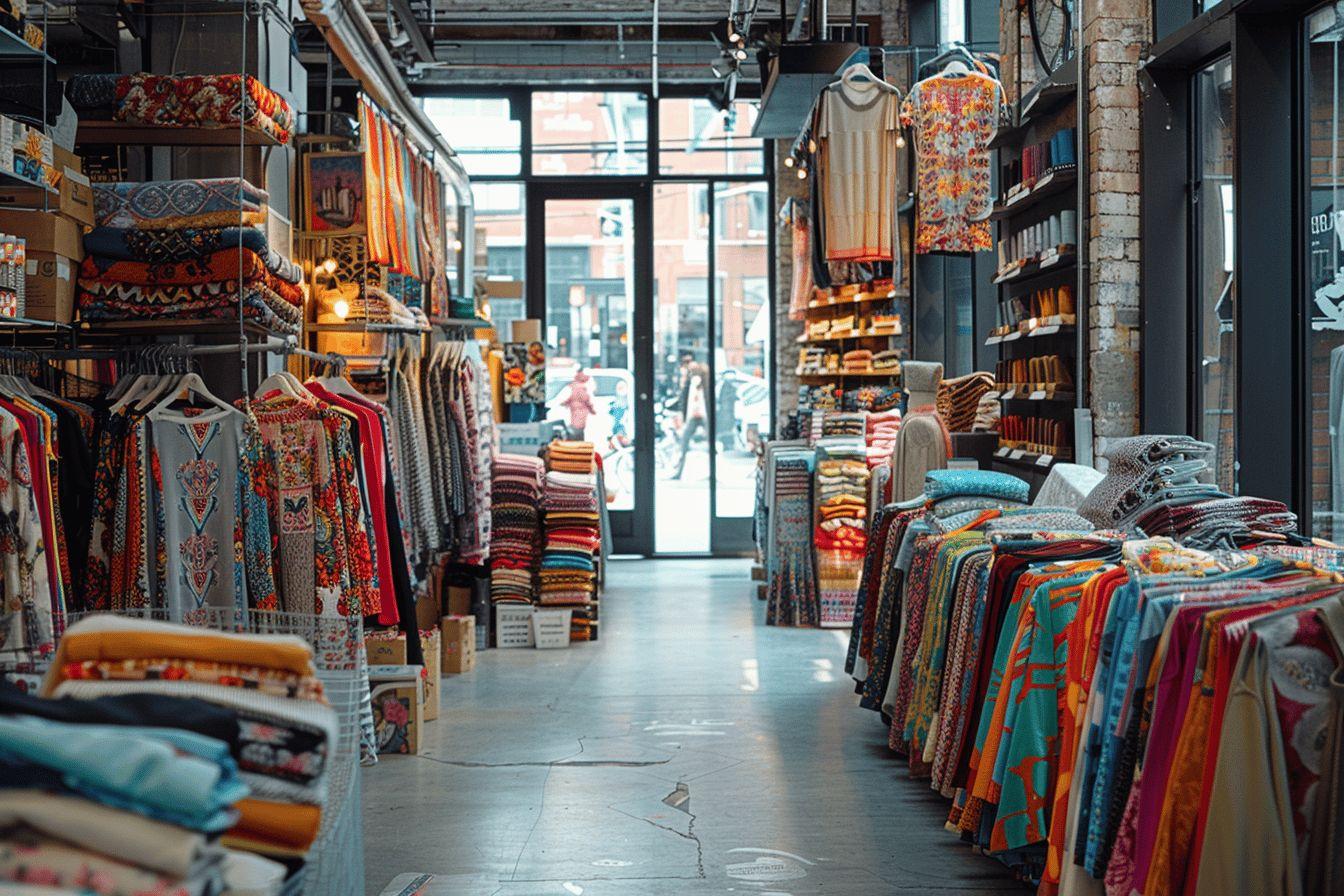 All&eacute;e de boutique remplie de v&ecirc;tements et d'accessoires color&eacute;s