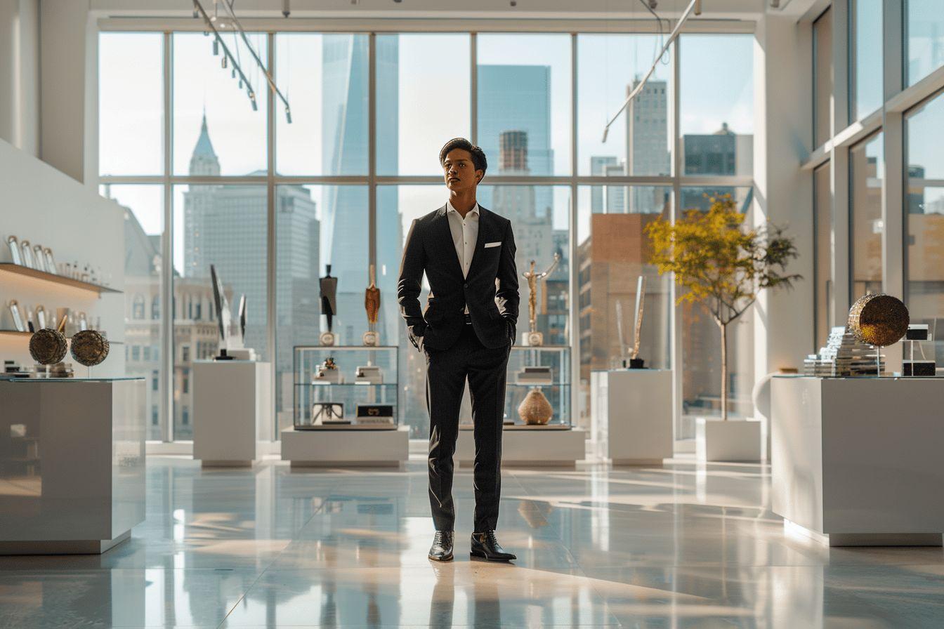 Un homme d'affaires v&ecirc;tu d'un costume &eacute;l&eacute;gant, debout dans une salle d'exposition moderne.