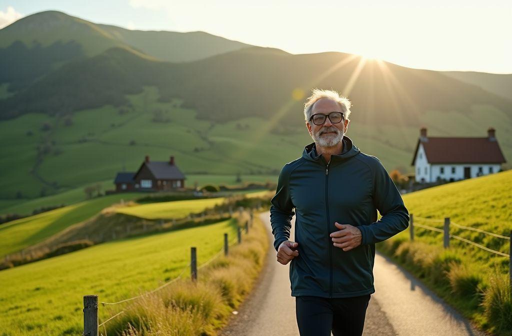 Senior sportif courant sur un chemin rural au lever du soleil