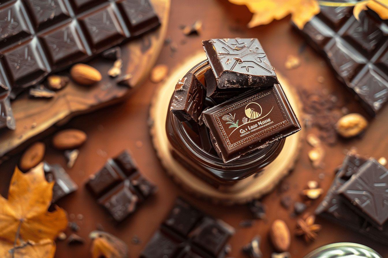 Gros plan sur des morceaux de chocolat noir, de noix et de feuilles automnales.