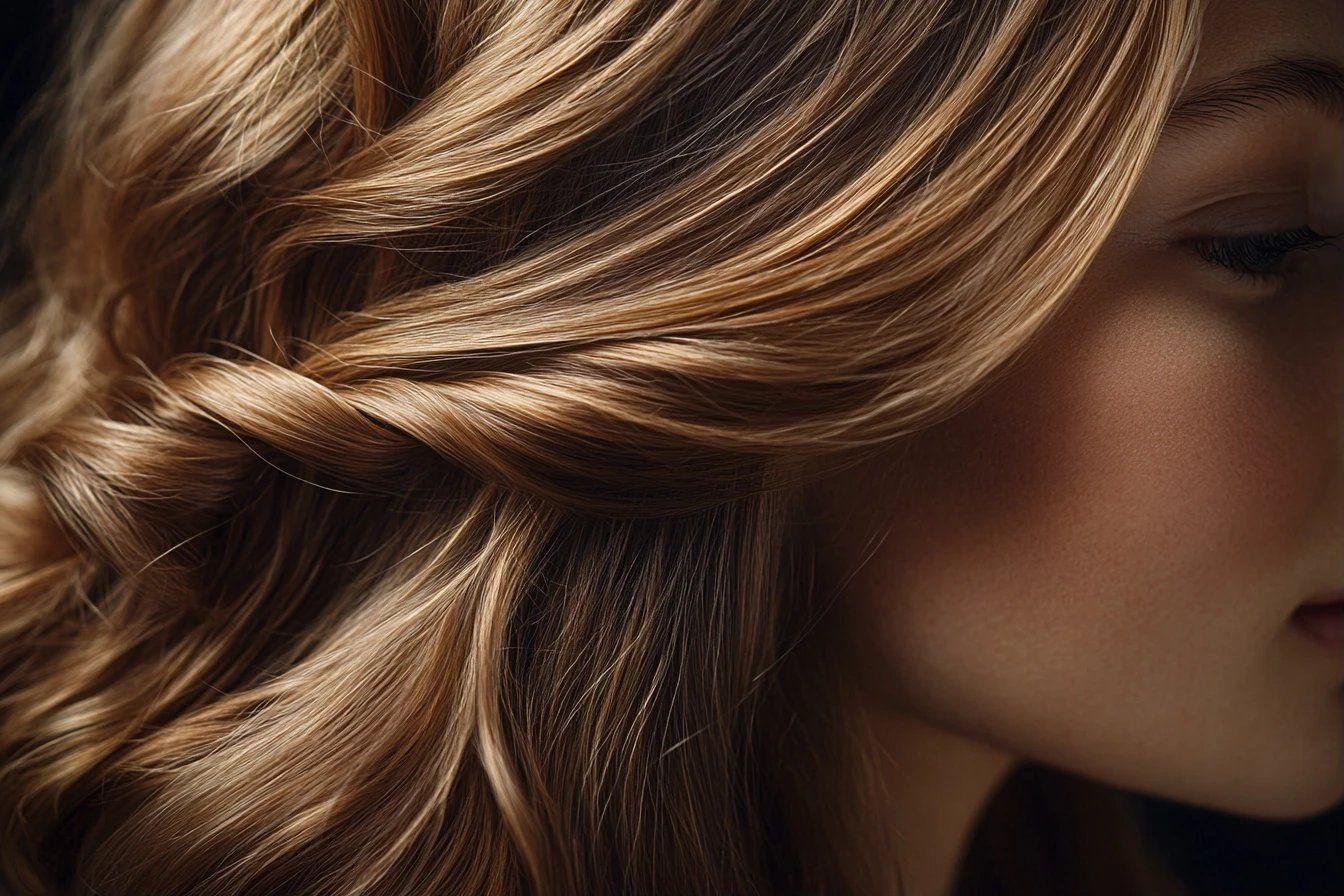 Gros plan sur des boucles de cheveux avec des reflets dor&eacute;s