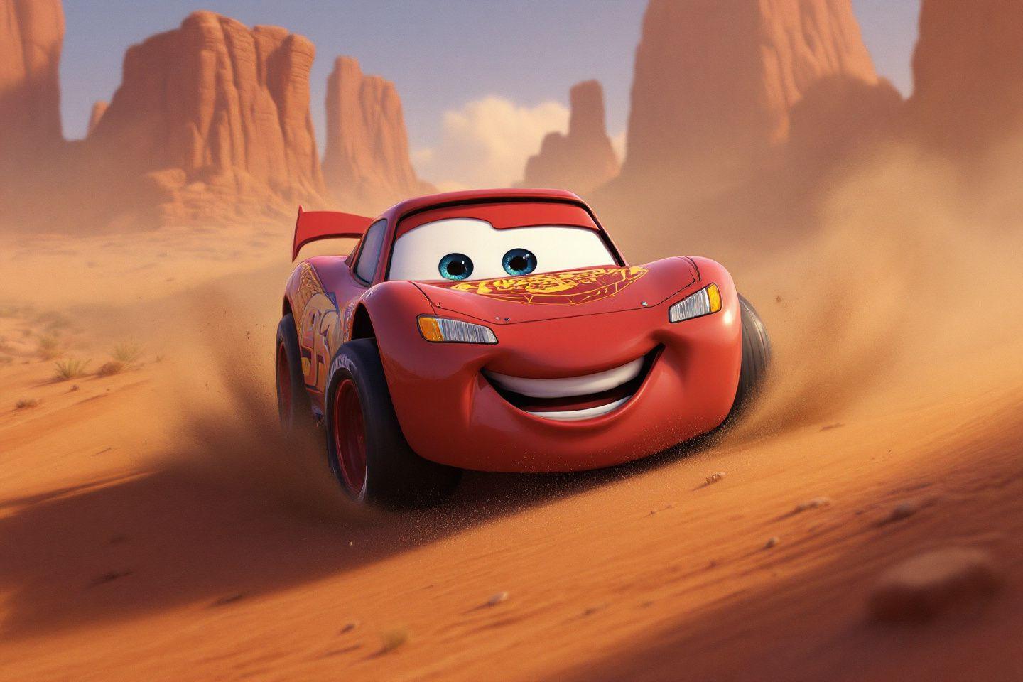 Voiture de course rouge souriante roulant dans un paysage d&eacute;sertique