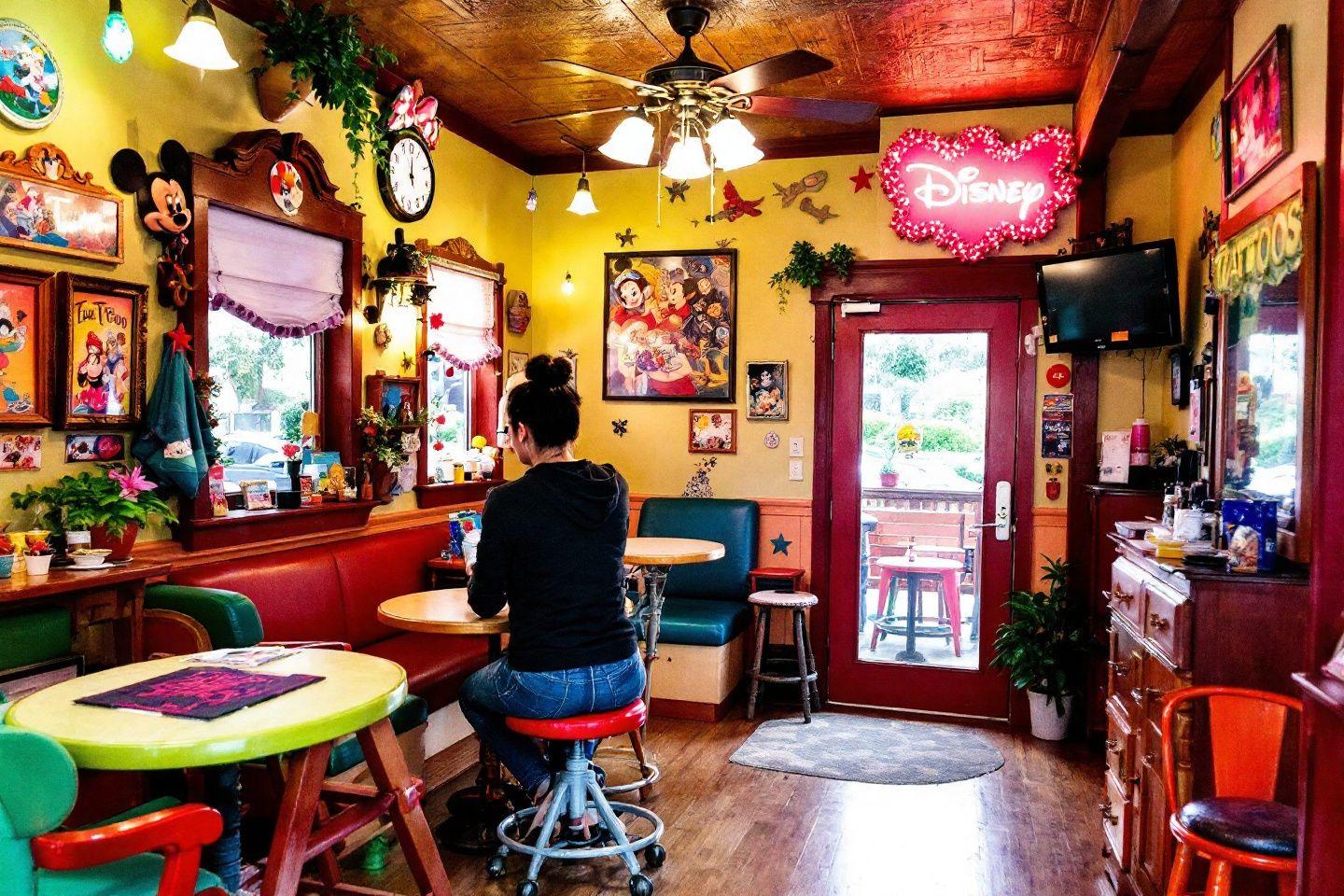 Int&eacute;rieur de caf&eacute; d&eacute;cor&eacute; avec des personnages Disney