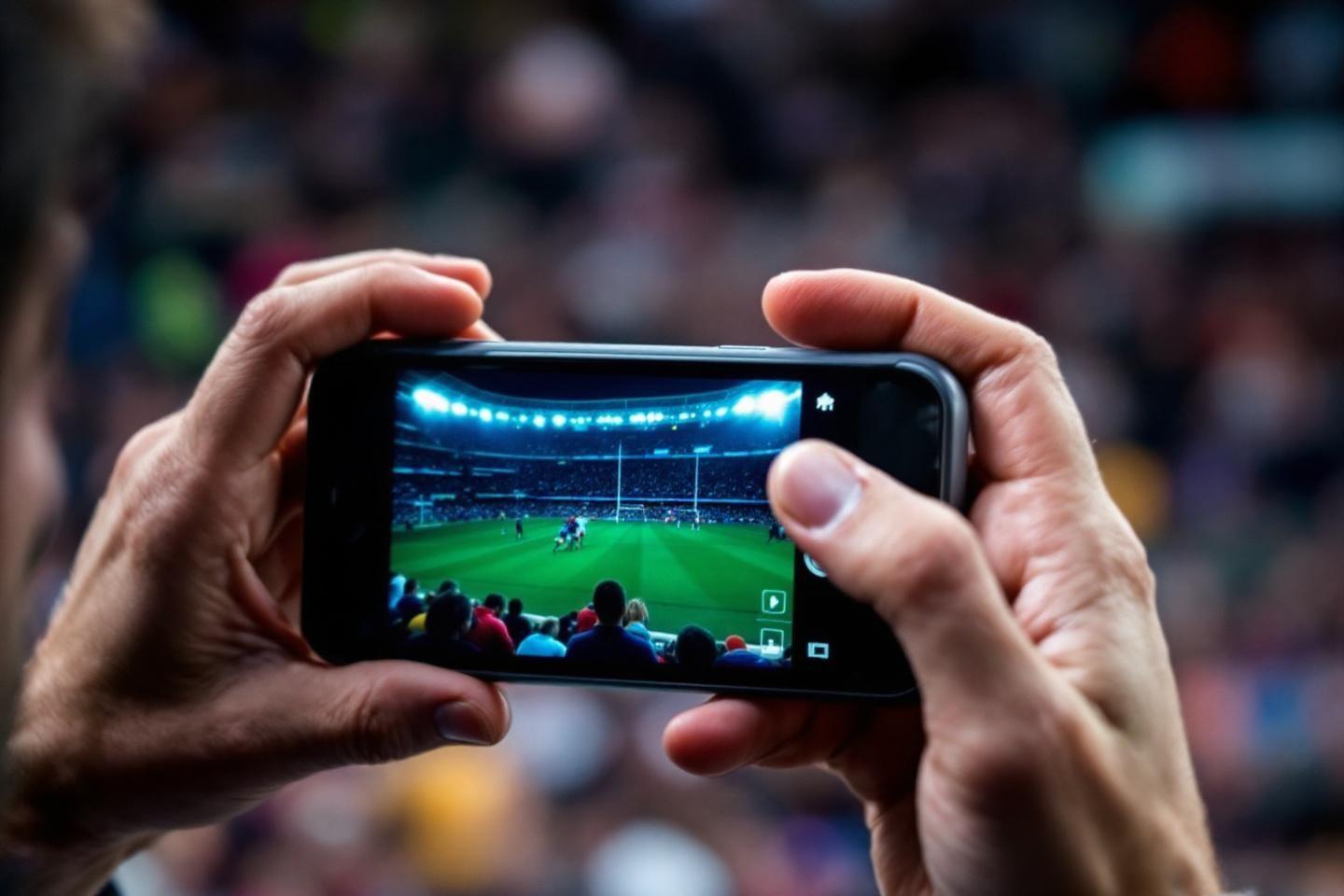 Main tenant un t&eacute;l&eacute;phone filmant un match de football dans un stade