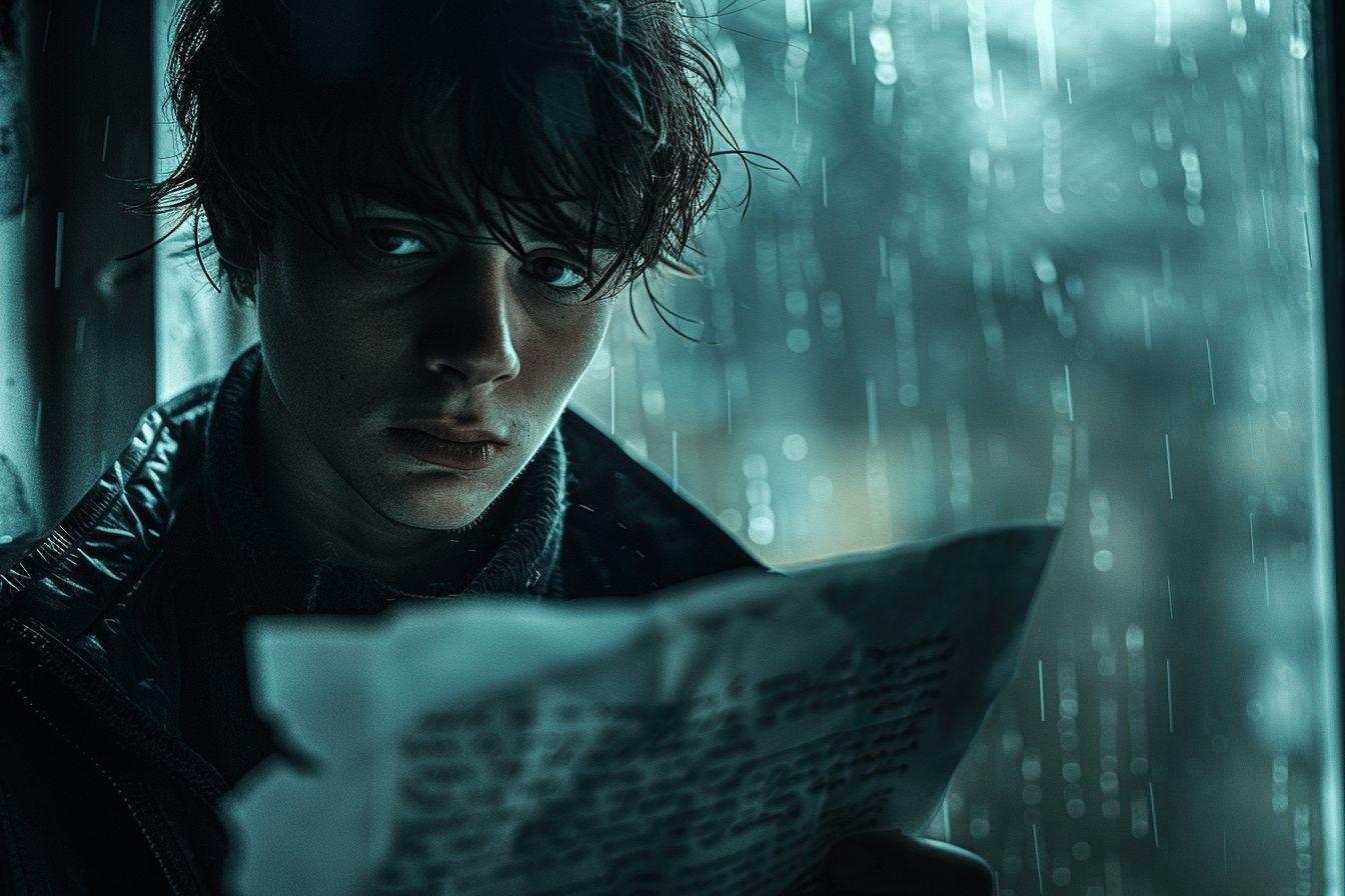 Jeune personne lisant un document, environnement bleu-vert pluvieux