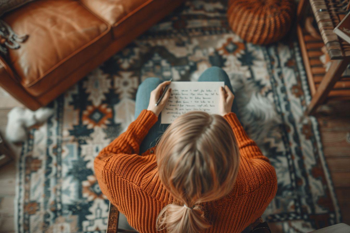 Personne en pull orange lisant une lettre sur un tapis