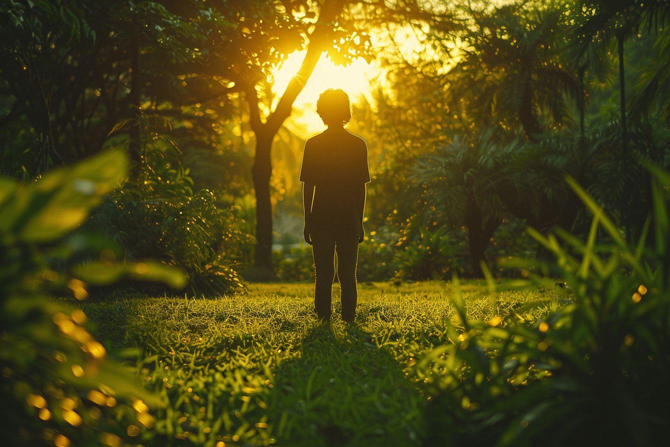 Silhouette solitaire dans un jardin baign&eacute; de lumi&egrave;re dor&eacute;e