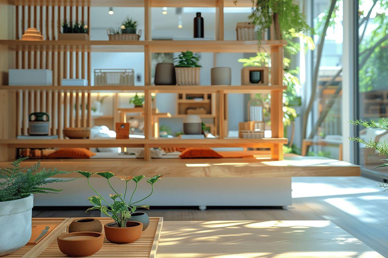 Vaste pi&egrave;ce lumineuse avec mobilier en bois et plantes d'int&eacute;rieur