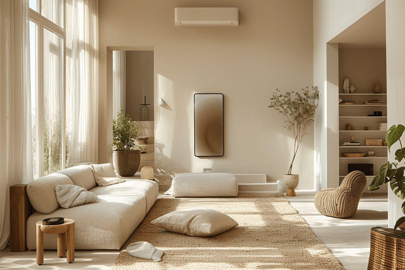 Pi&egrave;ce lumineuse aux tons beiges avec canap&eacute; moelleux et d&eacute;coration v&eacute;g&eacute;tale