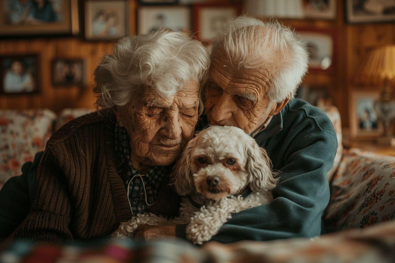 Une femme &acirc;g&eacute;e tenant affectueusement un chien blanc sur ses genoux