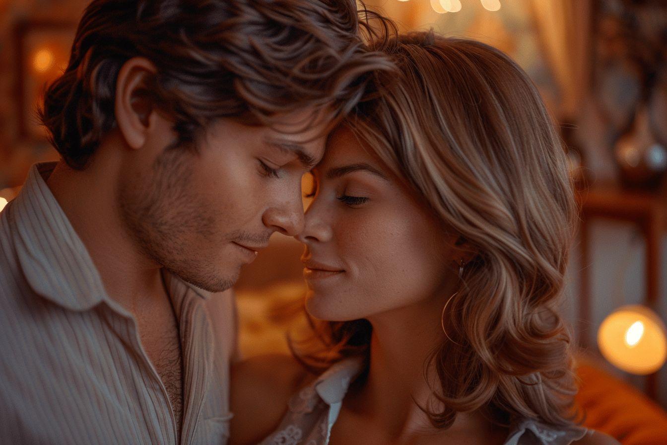 Couple romantique se tenant tendrement pr&egrave;s de la lumi&egrave;re du soir