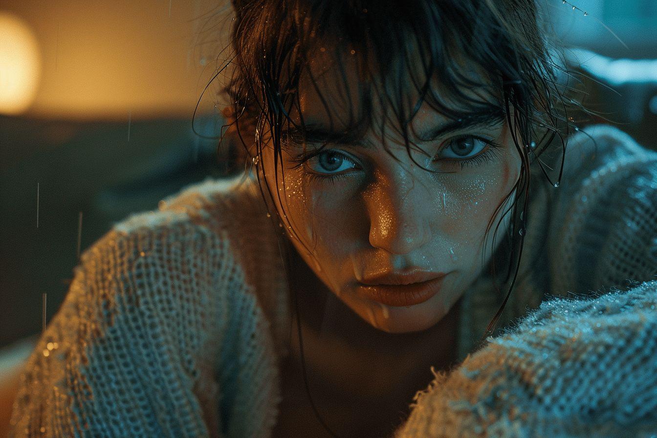 Portrait d'une femme mouillée, éclairage dramatique bleu-orange