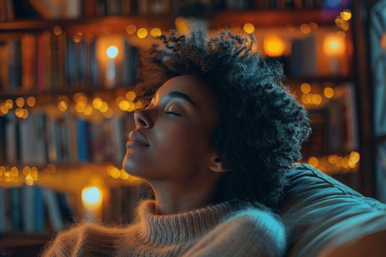 Femme aux cheveux boucl&eacute;s, yeux ferm&eacute;s, dans une biblioth&egrave;que paisible